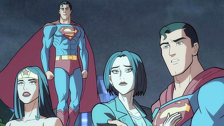 Wonder Woman (Stana Katic), the Superman of Earth-2 (Darren Criss), Lois Lane (Alexandra Daddario) and Superman (Darren Criss) hold their breaths as they wait to see if The Monitor's (Jonathan Adams) plan was successful in Justice League: Crisis on Infinite Earths - Part One (2024), Warner Bros. Animation