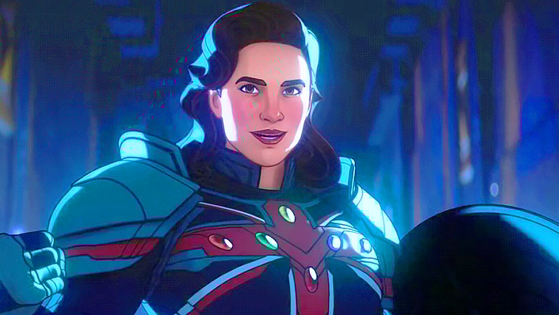 Captain Carter (Hayley Atwell) dons an Infinity Gem-infused armor in What If...? Season 2 Episode 9 "What If... Strange Supreme Intervened?" (2023), Marvel Entertainment
