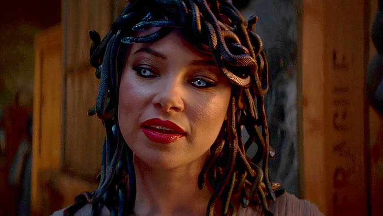 Medusa (Jessica Parker Kennedy) unveils her signature hairstyle in Percy Jackson and The Olympians Season 1 Episode 3 "We Visit the Garden Gnome Emporium" (2023), Disney Plus