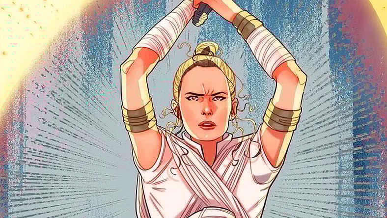 Rey shows off her lightsaber skills on Marguerite Sauvage's Women's History Month variant to Star Wars: Darth Vader Vol. 3 #44 "Rise of the Mar Corps!" (2020), Marvel Comics