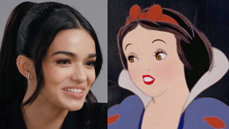 Rachel Zegler speaks with fellow Disney star Halle Bailey as part of Variety's 'Actors on Actors' interview series (2023), Variety / Snow White (Adriana Caselotti) recounts her story to her new hosts in Snow White and the Seven Dwarfs (1937), Disney