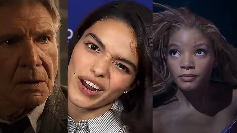 Harrison Ford as Indiana Jones, actress Rachel Zegler, and Ariel from Disney's live action "The Little Mermaid" remake (2023)