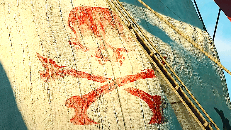 A pirate flag flapping in the wind in Skull & Bones (2024), Ubisoft