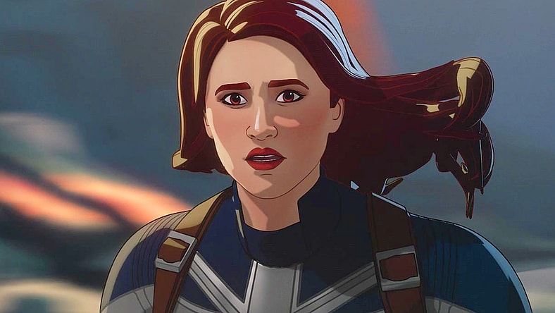 Captain Carter (Hayley Atwell) is in awe of Infinity Ultron's (Ross Marquand) power in What If...? Season 1 Episode 9 "What If...the Watcher Broke His Oath?" (2021), Marvel Entertainment