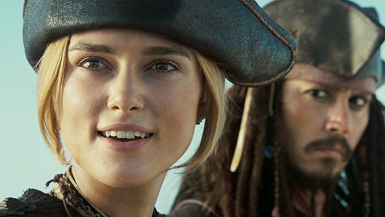 Elizabeth Swann (Keira Knightley) is open to any alternative to Captain Jack Sparrow's (Johnny Depp) plan in Pirates of the Caribbean: Dead Man's Chest (2006) via Blu-ray