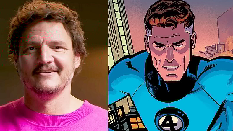 Pedro Pascal takes a lie detector test for Vanity Fair (2023) / Mr. Fantastic stretches out on Chris Samnee's variant cover to Fantastic Four Vol. 1 #643 "Back in Blue: Part 3" (2015), Marvel Comics