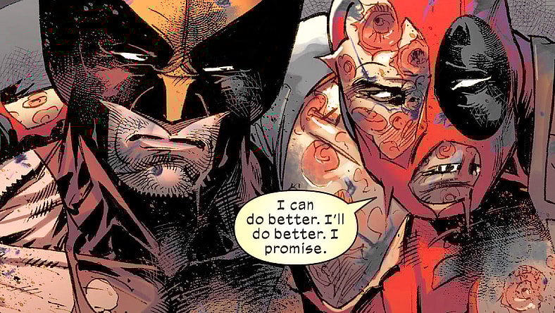Deadpool has an apology for Wolverine in Wolverine Vol. 7 #23 "Old Haunts" (2022), Marvel Comics. Words by Benjamin Percy, art by Adam Kubert, Frank Martin, and Cory Petit.