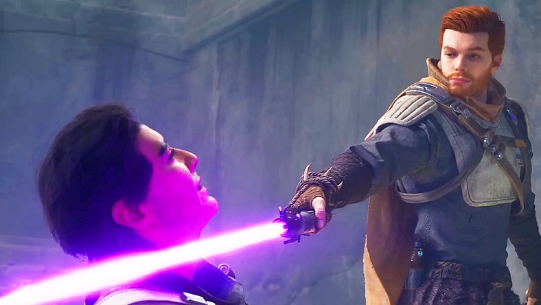 Cal Kestis (Cameron Monaghan) bests Bode (Noshir Dalal) in a lightsaber duel in Star Wars Jedi: Survivor (2023), Respawn