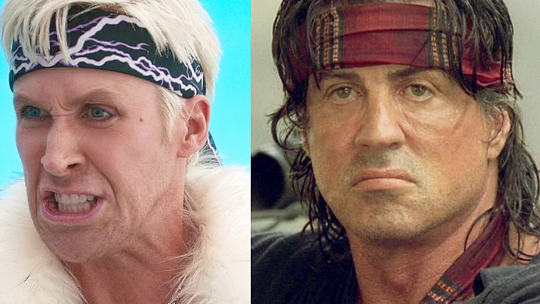 Ken (Ryan Gosling) finds himself losing the Barbie/Ken War in Barbie (2023), Warner Bros. Pictures / Rambo (Sylvester Stallone) looks upon the destruction wrought by his RPG in Rambo (2008), Millenium Media