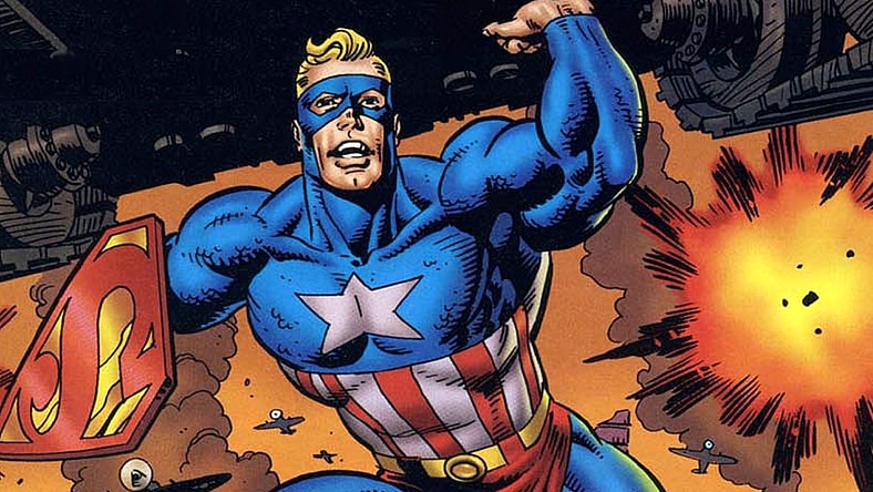 Super Soldier storms the battlefield in Super Soldier Vol. 1 #1 "Secret of the K-Bombs!" (1996), DC/Marvel Comics. Words by Mark Waid and Dave Gibbons, art by Dave Gibbons and Angus McKie.