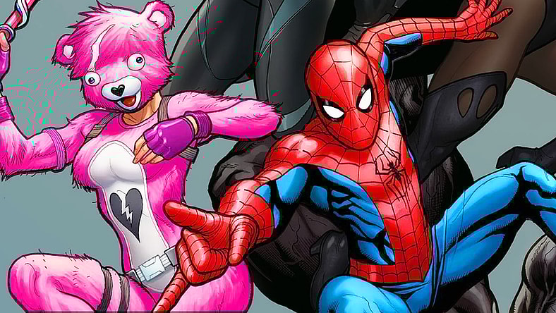 Cuddle Team Leader and Spider-Man drop in on Frank Cho's variant cover to Fortnite x Marvel: Zero War Vol. 1 #3 (2022), Marvel Comics