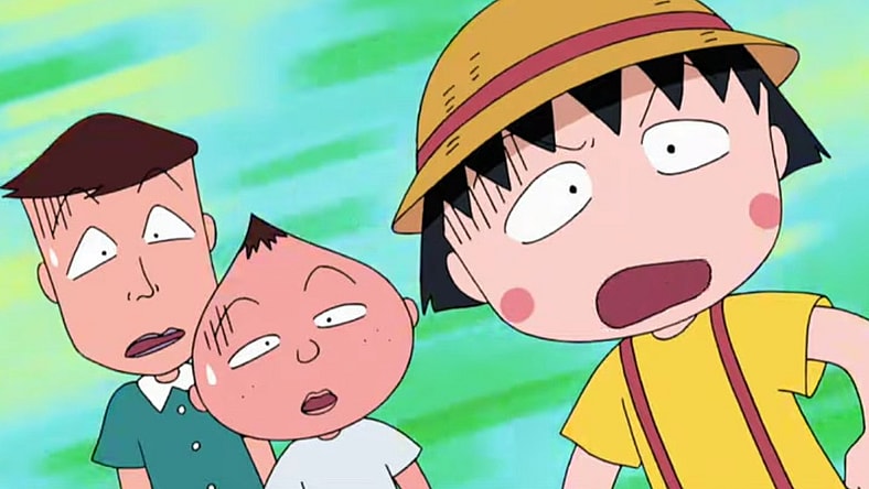 Momoko (Tarako), Shigeru (Tomoko Naka), and Kimio (Chafurin) are shocked by a new neighbor's boldness in Chibi Maruko-chan Episode 972 "A Wild Boy of the Neighbor Town/Mom's Treasure" (2021), Nippon Animation