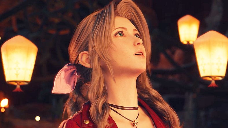 Aerith (Maaya Sakamoto) finds herself at the center of a huge sky lantern display in Final Fantasy VII Rebirth (2023), Square Enix