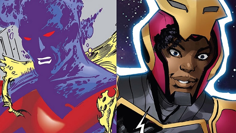 Wonder Man sacrifices his clothes to the line of duty in Avengers Two: Wonder Man & Beast Vol. 1 #1 "Second Chances" (2000), Marvel Comics. Words by Roger Stern, art by Mark Bagley, Greg Adams, and Tom Smith / Ironheart begs Forge to tell him about Storm in Invincible Iron Man Vol. 5 #13 "The Mysterium Marauders" (2023), Marvel Comics. Words by Gerry Duggan, art by Juan Frigeri, Bryan Valenza, and Joe Caramagna.