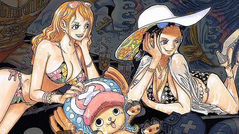 The Straw Hats enjoy the waves on Eiichiro Oda's color spread to One Piece Chapter 1019 "Heliceratops" (2021), Shueisha