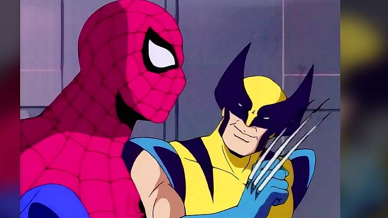 Wolverine (Cal Dodd) recommends the wall-crawler (Christopher Daniel Barnes) stay out of his way in Spider-Man: The Animated Series Season 2 Episode 5 “Mutants Revenge” (1995), Marvel Entertainment