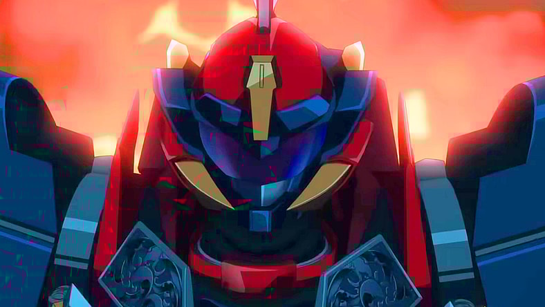 The Knightmare Frame Zi-Apollo rises from the flames in Code Geass: Rozé of the Recapture (2024)