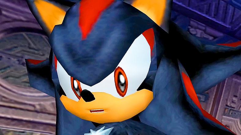 Shadow the Hedgehog (David Humphrey) prepares for his final confrontation with Sonic (Ryan Drummond) in Sonic Adventure 2: Battle (2001), Sega