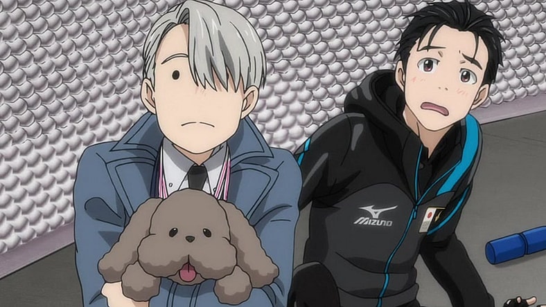 Yuuri Katsuki (Toshiyuki Toyonaga) and Victor Nikiforov (Junichi Suwabe) find themselves in a pickle in Yuri on Ice Episode 11 "Gotta Super -Supercharge It!! Grand Prix Final Short Program" (2016), MAPPA