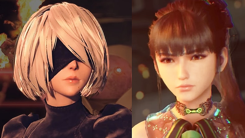 2B (Yui Ishikawa) stumbles upon a bizarre robo-religious-ritual in NieR: Automata (201), PlatinumGames / Eve (TBA) receives some battlefield reassurance from Tachy (TBA) in Stellar Blade (2024), Shift Up