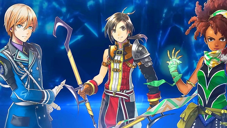 Seign (Kenji Akabane), Nowa (Gakuto Kajiwara), and Marisa (Sumire Uesaka) stand at the ready in Eiyuden Chronicles: Hundred Heroes (2024), 505 Games