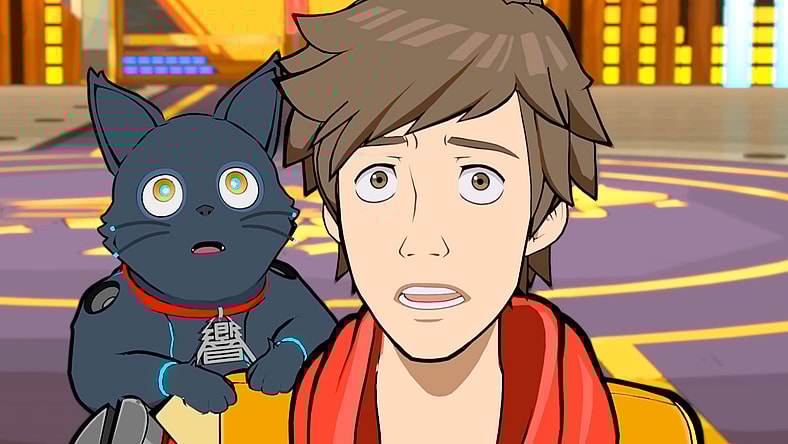 Chai (Robbie Draymond) and 808 find themselves taken aback by Roquefort's (David Fane) true form in Hi-Fi Rush (2023), Tango Gameworks