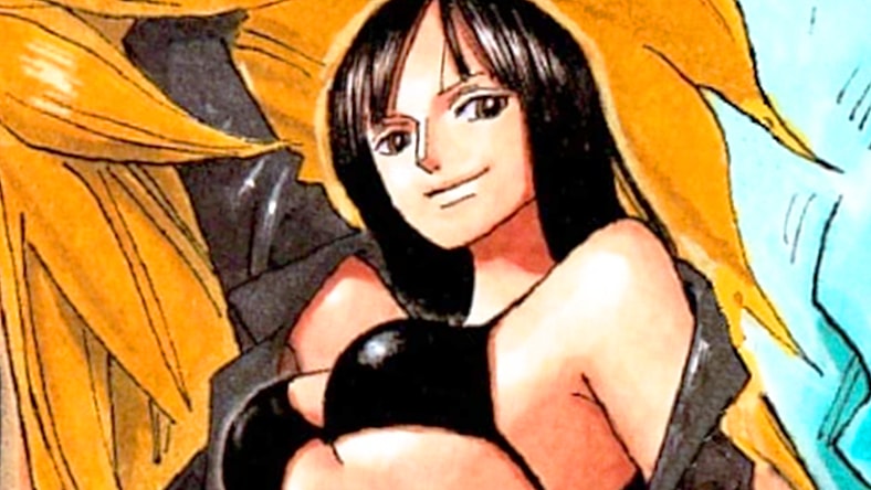 Robin tames a lion on Eiichiro Oda's color spread to One Piece Chapter 431 "Fist of Love" (2006), Shueisha