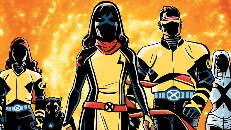 Ms. Marvel struts her stuff alongside the X-Men on Chris Samnee's homage variant cover to Ms. Marvel: The First Mutant Vol. 1 #1 (2023), Marvel Comics