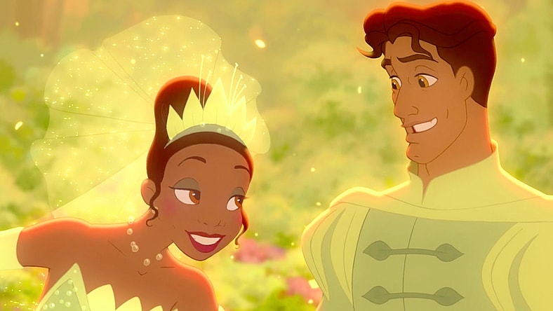 Tiana (Anika Noni Rose) and Prince Naveen (Bruno Campos) break their cruse in The Princess and the Frog (2009), Disney
