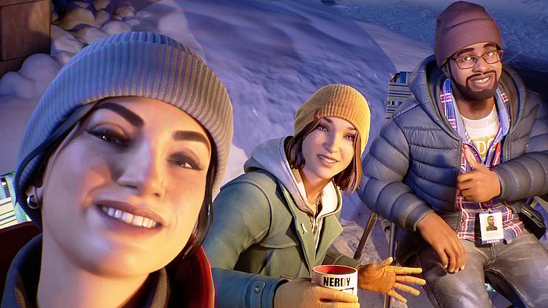 Maxine Caulfield (Hannah Telle), Safiya Llewellyn-Fayyad (Olivia AbiAssi), and Moses Murphy (Blu Allen) take a snowy selfie in Life is Strange: Double Exposure (2024), Square Enix