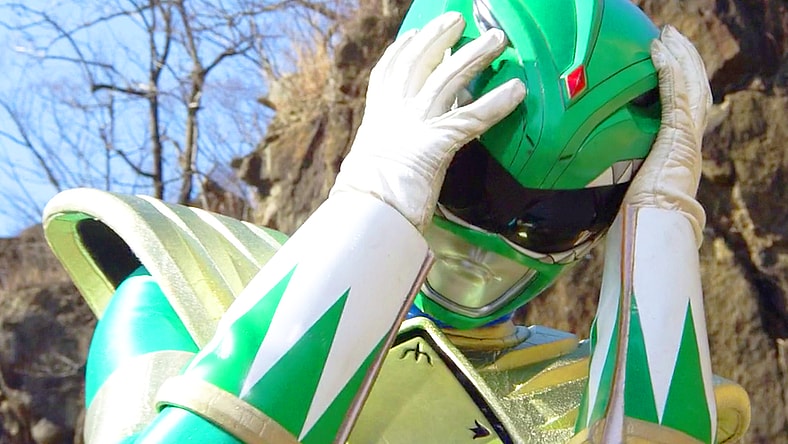 The Dragon Powerful Ranger (Takeshi Kusao) finds himself powerless before the might of a toy replica of the Zyusouken in Hikonin Sentai Akibaranger Season 2, Episode 5 "Delusional Imports" (2013), Toei Co. Ltd.