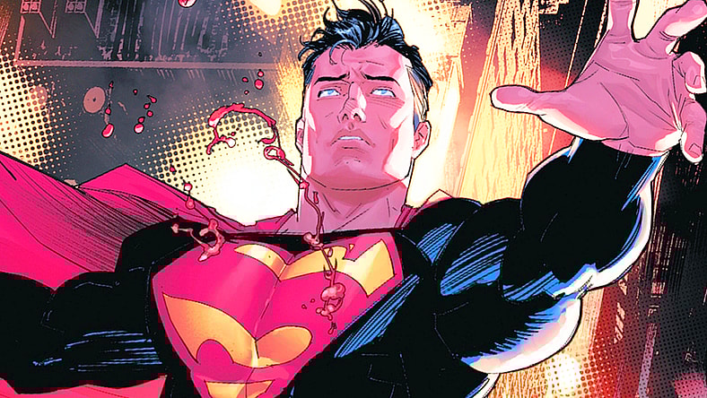 A suddenly de-powered Superman takes two slugs to the chest in Absolute Power Vol. 1 #1 (2024), DC. Words by Mark Waid, art by Dan Mora, Alejandro Sánchez, and Ariana Maher.