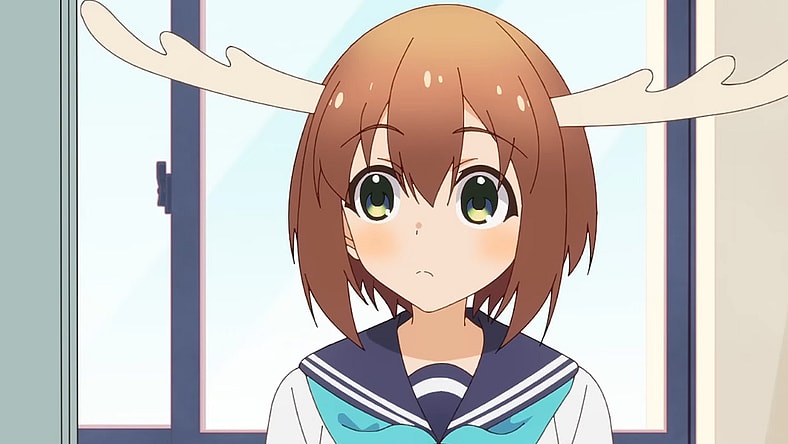 Noko Shikanoko (Megumi Han) arrives for her first day of school in My Deer Friend Nokotan Episode 1 "Girl Meets Deer" (2024), Wit Studio