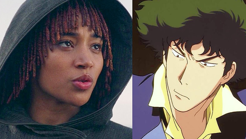 Osha (Amandla Stenberg) rejects Qimir's (Manny Jacinto) offer to train in the Dark Side in The Acolyte Season 1 Episode 8 "The Acolyte" (2024), Disney / Spike Spiegel (Koichi Yamada) is fed-up with his bounties being swooped by Cowboy Andy (Masashi Ebara) in Cowboy Bebop Episode 19 "Wild Horses" (1998), Sunrise, Inc.