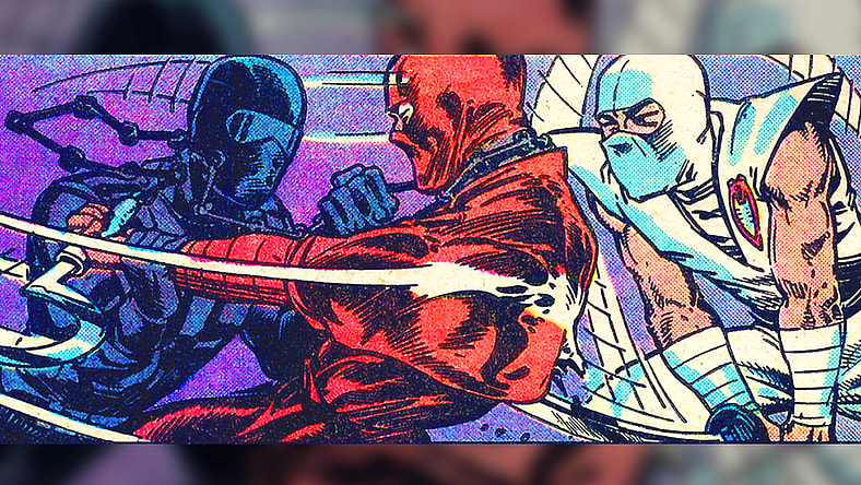 Snake Eyes takes on a Red Ninja and Storm Shadow in G.I. Joe: A Real American Hero Vol. 1 #21 "Silent Interlude" (1983), Marvel Comics. Words by Larry Hama, art by Larry Hama, Steve Leialoha, George Roussos, and Rick Parker.