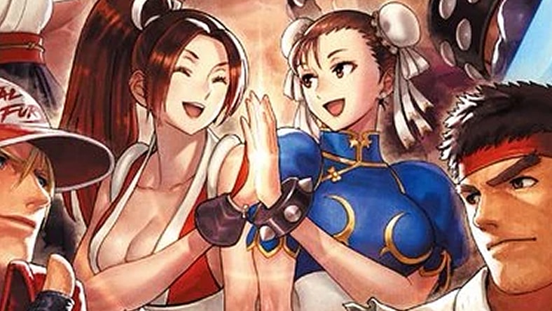 Mai Shiranu and Chun-Li share a high-five in Eisuke Ogura's key art for SNK Vs. Capcom: SVC Chaos (2024), SNK/Capcom