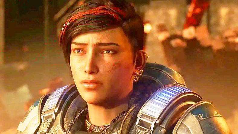 Kait (Laura Bailey) looks out on the aftermath of the Locusts' latest attack in Gears 5 (2019), Microsoft