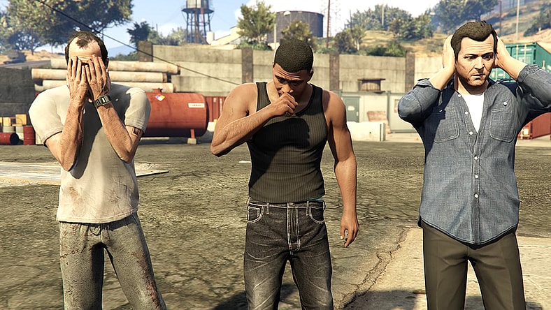 Trevor (Steven Ogg), Franklin (Shawn Fonteno) and Michael (Ned Luke) are shocked to learn that the US Government is corrupt in Grand Theft Auto V (2013), Rockstar Games