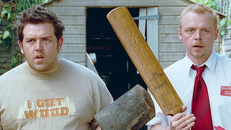 Ed (Nick Frost) and Shaun (Simon Pegg) prepare to kill their first zombie in Shaun of the Dead (2004), Universal Pictures