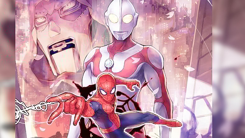 The titular heroes stand united in Tomo Hirokawa's key visual to Ultraman: Along Came a Spider-Man (2024), Shogakukan
