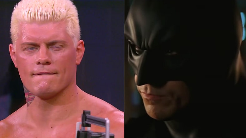 Cody Rhodes on AEW Dynamite in 2021 and Christian Bale in Batman Begins (2005), Warner Bros.