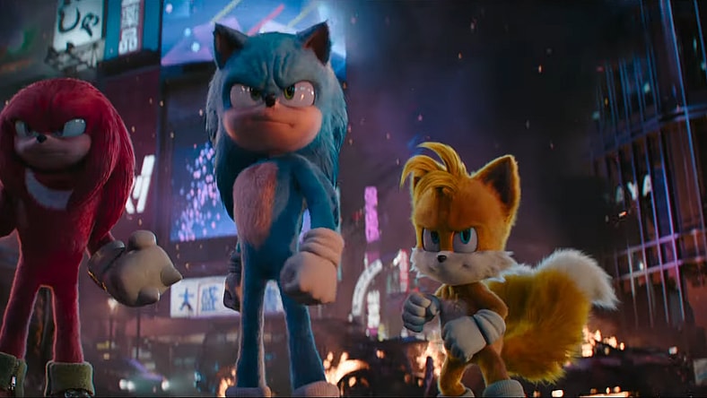 Sonic (Ben Schwartz), Tails (Colleen O'Shaughnessey), and Knuckles (Idris Elba) stand ready to fight in Sonic the Hedgehog 3 (2024), Paramount Pictures