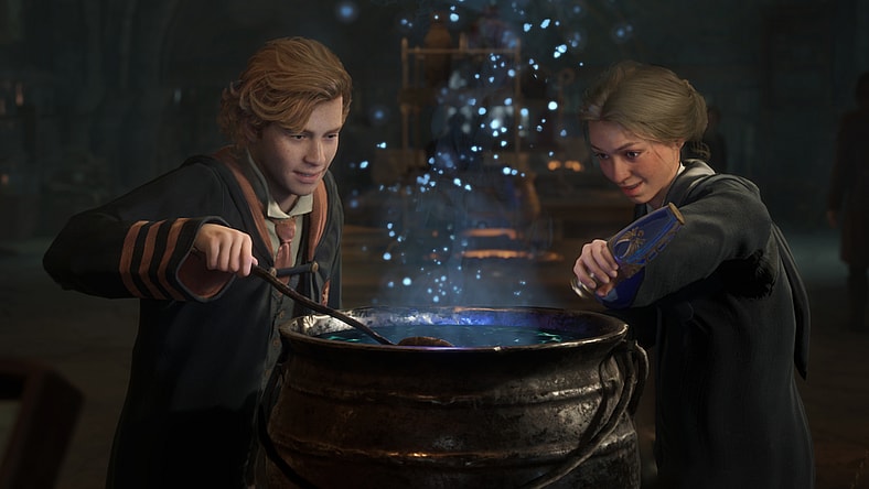 A Griffindor and Ravenclaw student brew a potion in a cauldron in Hogwarts Legacy (2023), Warner Bros. Games