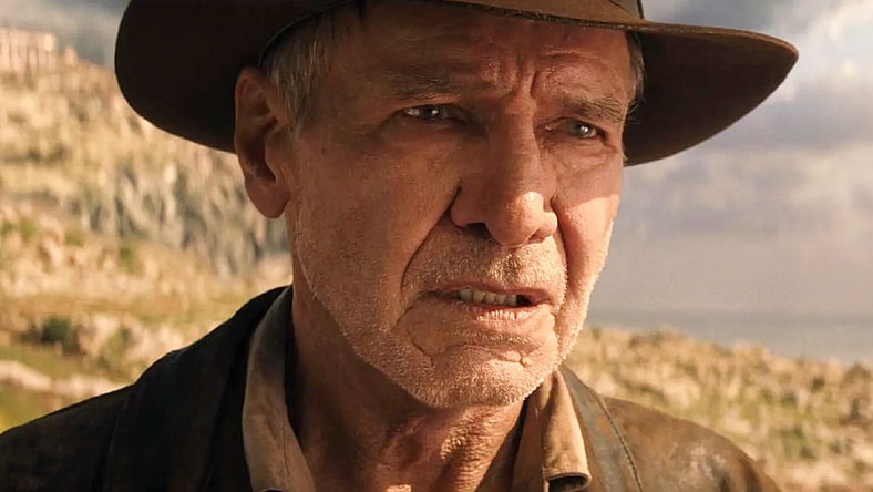 Indy (Harrison Ford) begs Helena (Phoebe Waller-Bridge) to let him stay in the past in Indiana Jones and the Dial of Destiny (2023), Lucasfilm