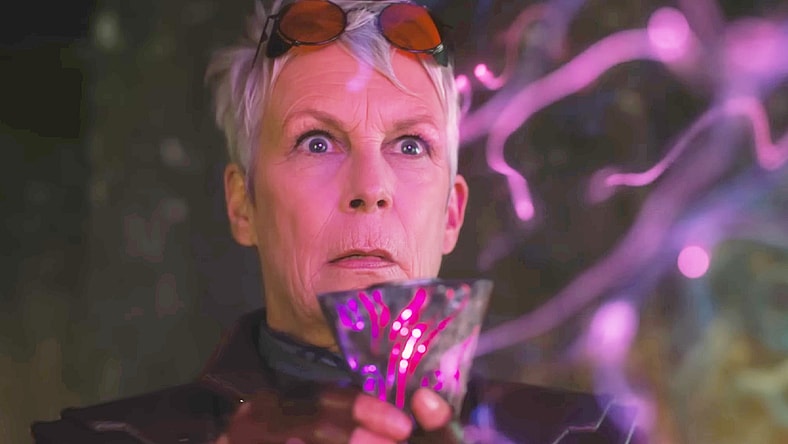 Dr. Tannis (Jamie Lee Curtis) makes a discovery in Borderlands (2024), Lionsgate