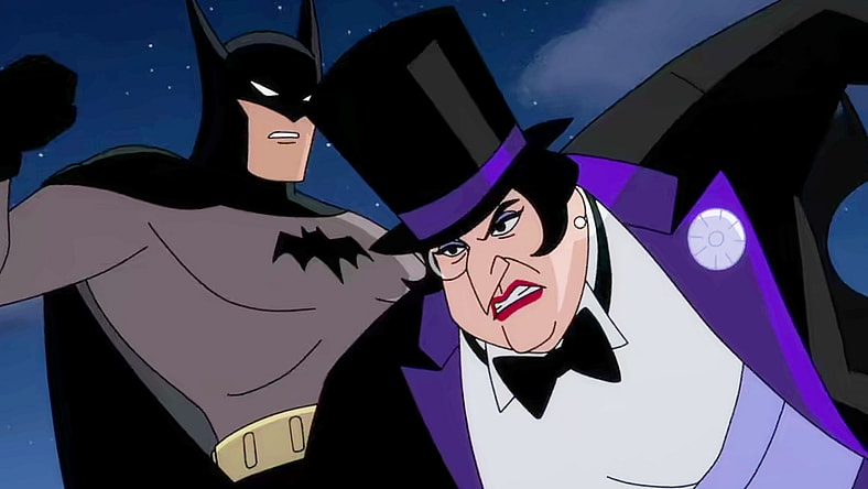 The Penguin (Minnie Driver) lashes out at Batman (Hamish Linklater) in Batman: Caped Crusader Season 1 Episode 1 "In Treacherous Waters" (2024), Amazon Prime
