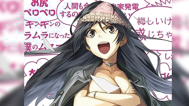 Ayame stands for freedom on Eito Shimotsuki's cover to Shimoneta: A Boring World Where the Concept of Dirty Jokes Doesn't Exist Vol. 8 (2015), Shogakukan