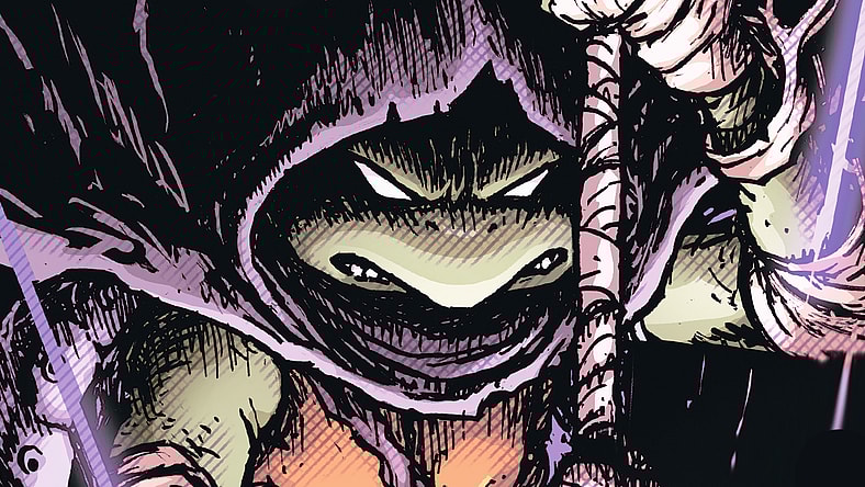 Donatello wanders the world as a ronin on Chris Burnham's cover to Teenage Mutant Ninja Turtles Alpha Vol. 1 #1 (2024), IDW