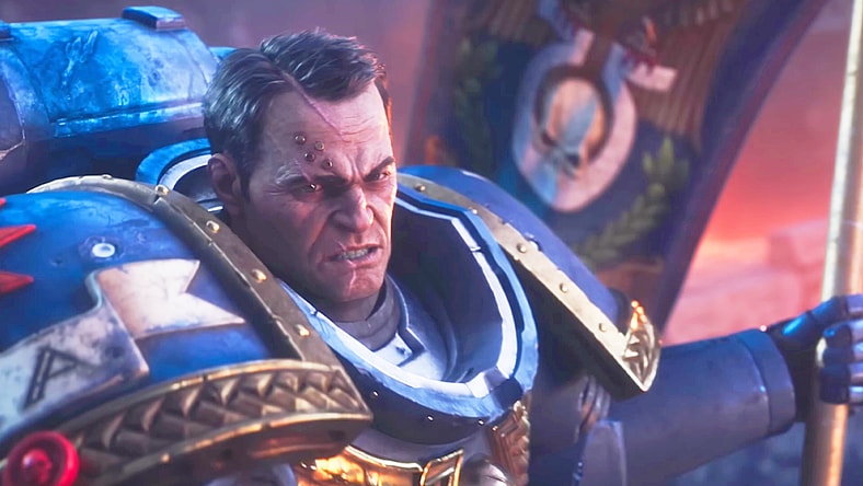 Titus (Clive Standen) stands defiant in the face of an oncoming swarm of Tyranids in Warhammer 40,000: Space Marine 2 (2024), Saber Interactive
