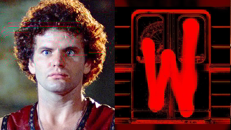 Fox (Thomas G. Waites) is the only witness to Luther (David Patrick Kelly) killing Cyrus (Roger Hill) in The Warriors (1979), Paramount Pictures / The cover art for Lin-Manuel Miranda and Eisa Davis' 'Warriors' (2024), Atlantic Records